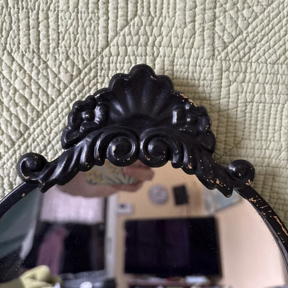 Ornate Oval Wall Mirror Metal Black Gold Distressed Victorian Style 16.5